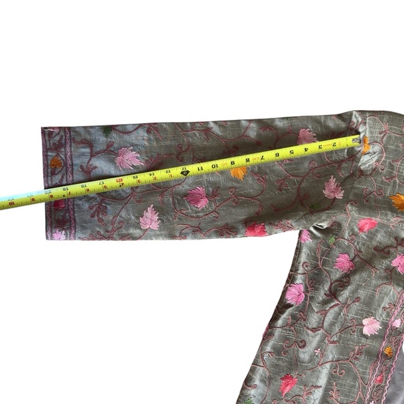 Vintage smoke-green long Kashmiri jacket embroidered size M - Picture 8 of 10